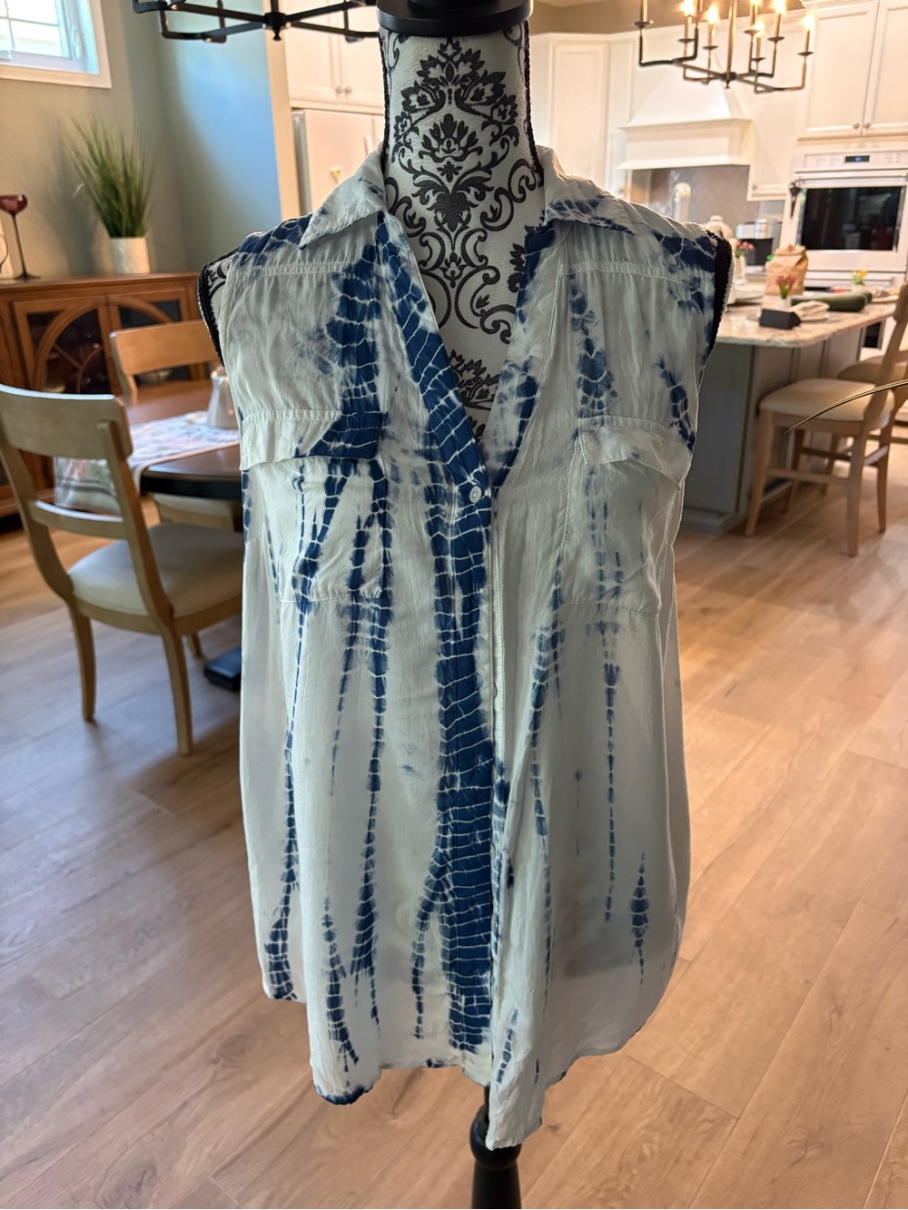 Sleeveless Tie-Dye Button Front Blouse in Navy and White maternity top